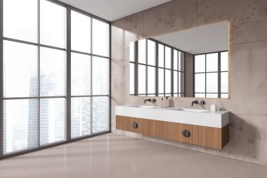 Koyu mermer duvarlı şık bir banyo, beton zemin, üzerinde büyük ayna olan çift lavabo ve bulanık şehir manzaralı panoramik pencere. 3d oluşturma