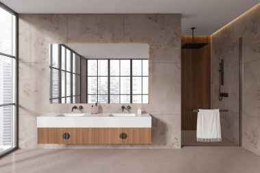 Modern otel banyosunun içinde çift lavabo ve cam bölme arkasında duş, gökdelenlerde panoramik pencere. Modern tasarımı olan şık bir banyo alanı. 3B görüntüleme