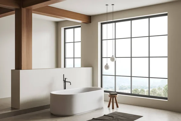 舒适的浴室内部与浴缸 凳子与毛巾 侧视图轻混凝土地板 在乡间的浴池角落 隔板和全景窗 3D渲染 — 图库照片