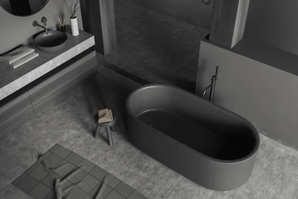 Vista Superior Elegante Banheiro Com Paredes Cinza Madeira Piso Concreto — Fotografia de Stock