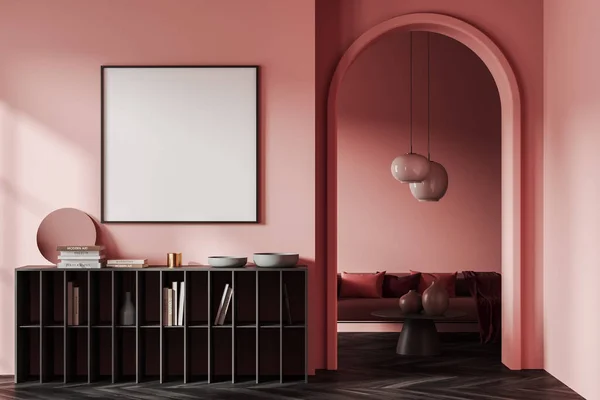 Interieur Eines Modernen Wohnzimmers Mit Rosa Wänden Holzboden Quadratischem Poster — Stockfoto