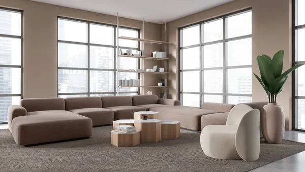 Interior Stylish Living Room Beige Walls Concrete Floor Two Brown — Stock Photo, Image