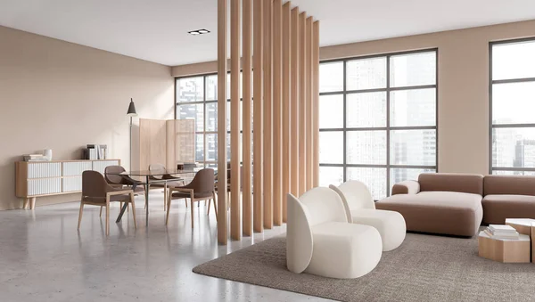 Interior Ruang Tamu Bergaya Dengan Dinding Beige Lantai Beton Sofa — Stok Foto