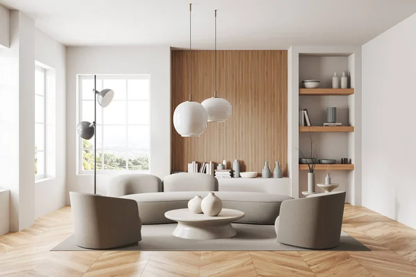 Interior Ruang Tamu Modern Dengan Dinding Putih Dan Kayu Sofa — Stok Foto