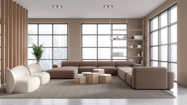 Interior Elegante Sala Estar Com Paredes Bege Piso Concreto Sofá — Fotografia de Stock
