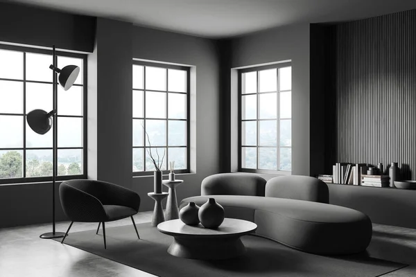 黑暗的客厅内部 沙发和扶手椅 侧视图艺术装饰书籍 地毯灰色混凝土地板 在家里的公寓里放松一下3D渲染 — 图库照片