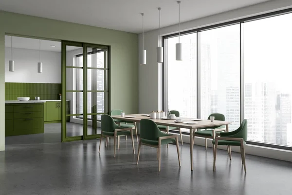 Luxe Woonkeuken Interieur Met Eettafel Servies Zijaanzicht Kookhoek Met Bareiland — Stockfoto