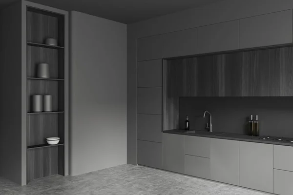 有灰色墙壁 混凝土地面 深色木柜和灰色橱柜的时尚厨房的内部 内置水池 炊具和橱柜在左边 3D渲染 — 图库照片