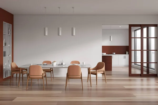 Interior Moderna Sala Jantar Com Paredes Brancas Marrons Piso Madeira — Fotografia de Stock