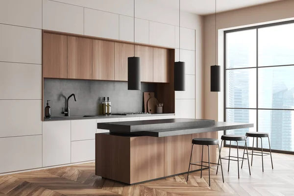 Wooden home kitchen interior with bar island, side view three stool and shelves with kitchenware. Modern cooking and dining corner with panoramic window on skyscrapers. 3D rendering