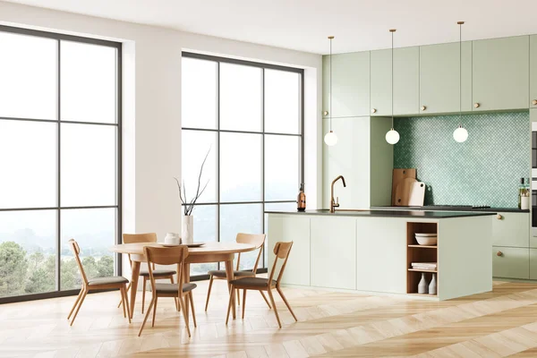 Interior Cozinha Moderna Casa Verde Com Mesa Jantar Bar Ilha — Fotografia de Stock