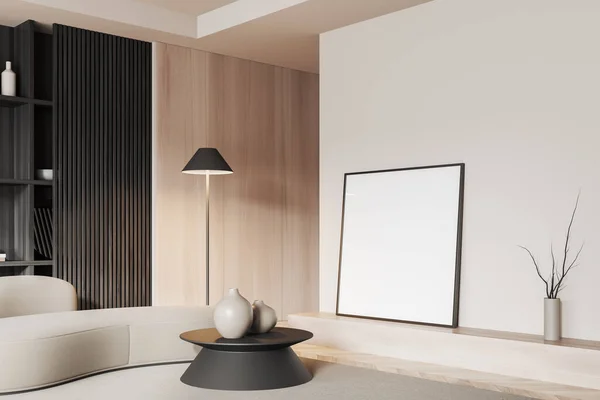 现代客厅的角落 墙壁为白色和木制 地板为木制 沙发白色舒适 茶几圆圆的 书架和墙边的方正正正正方形的海报 3D渲染 — 图库照片