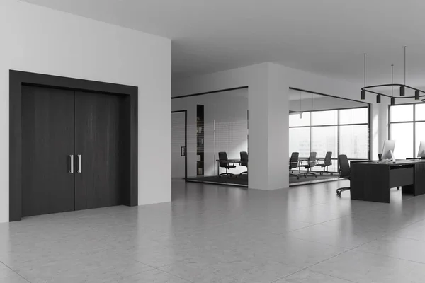 Stilvolles Büro Lobby Interieur Mit Weißen Wänden Gefliestem Boden Offenem — Stockfoto