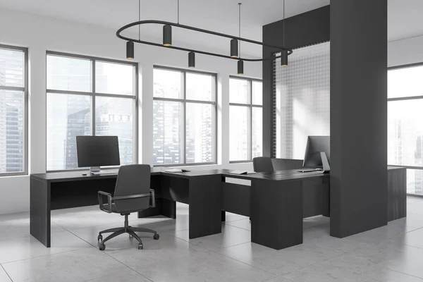 Dunkler Büroinnenraum Mit Sesseln Und Seitenansicht Grauer Betonboden Coworking Ecke — Stockfoto