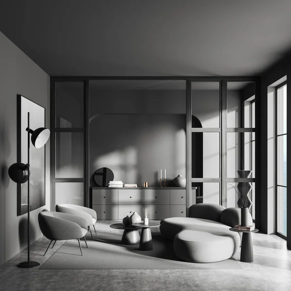 Interior Elegante Sala Estar Com Paredes Cinza Piso Concreto Nicho — Fotografia de Stock