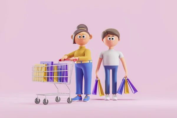 Happy Woman Shopping Cart Standing Next Her Husband Bags Concept — Stock Photo, Image