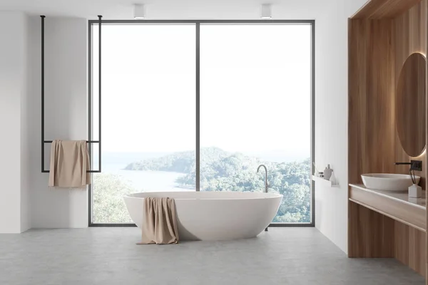 白色浴室内部 浴缸在灰色混凝土地板上 水池和镜子 农村的厕所轨道梯子和全景窗 3D渲染 — 图库照片