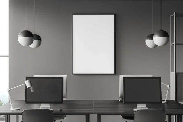 Dark Business Interior Shared Desk Computer Coworking Area Panoramic Window — Stock Photo, Image