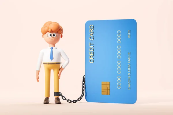 3d rendering. Stressed cartoon character businessman with large credit card and chain on beige background. Concept of burden and debt, illustration