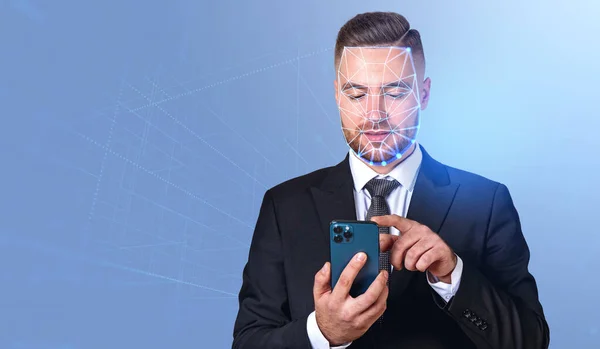 Hombre Negocios Retrato Dedo Tocando Teléfono Holograma Reconocimiento Facial Exploración — Foto de Stock