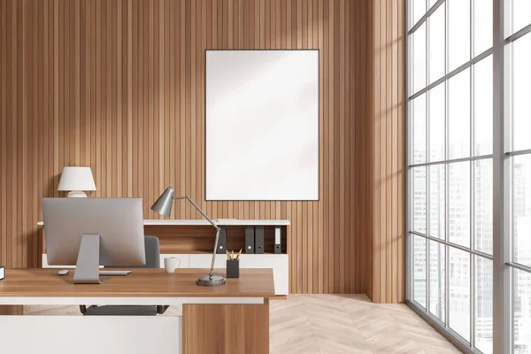 Dřevěný Moderní Business Room Interiér Počítačem Stole Panoramatické Okno Pohled — Stock fotografie