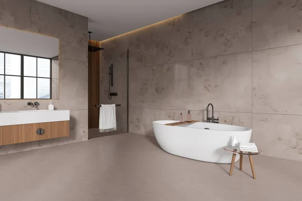 Modern Hotel Bathroom Interior Sink Shower Glass Door Bathtub Accessories — Stock Photo, Image