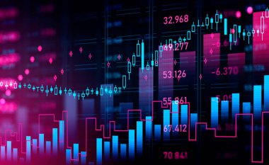 Borsa değişiklikleri, ticari şamdanlar rakamlı grafikler. Bar çizelgesi ve çizgileriyle parlayan hologram. Forx kavramı, çevrimiçi ticaret. 3B görüntüleme