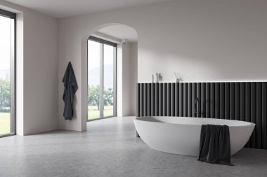 Küvetli ve güverteli hafif otel banyosu, aksesuarları, yan manzarası, kırsal manzaralı panoramik penceresi, gri beton zemin. 3B görüntüleme