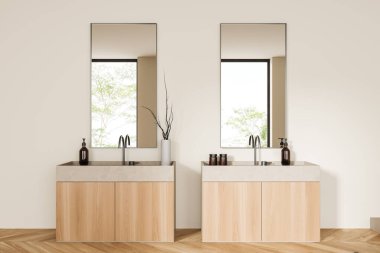 Çift lavabolu ve iki aynalı beyaz banyo, parke zemin, tropiklerin penceresi. Modern otel stüdyosunda şık bir lavabo. 3B görüntüleme