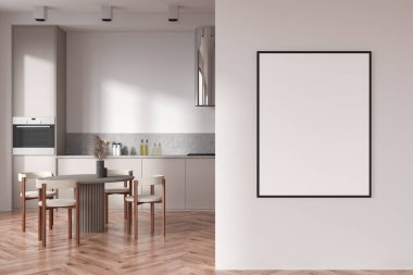 White kitchen interior with armchairs and dining table on hardwood floor. Kitchenware with hood, front view. Mockup poster before entrance. 3D rendering