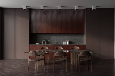 Karanlık mutfak, sandalyeler ve ahşap zemin üzerinde yemek masası, ön manzara. Mutfak eşyaları ve raflı aletler. 3B görüntüleme