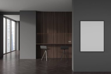 Ahşap güverteli, sandalyeli, ön manzaralı, ahşap zeminli karanlık yemek masası. Şehir manzarası panoramik pencereli modern toplantı alanı. Model poster. 3B görüntüleme