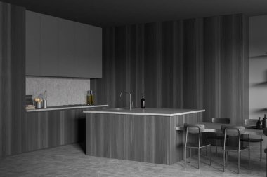 Karanlık mutfak masası, gri beton zemin üzerinde sandalyeler, yan manzara, bar adasıyla yemek pişirme alanı. Modern mobilyalı lüks mutfak, 3 boyutlu tasarım.