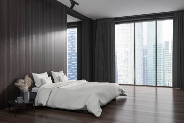 Karanlık yatak odası komodinli, dekorasyonlu, yan manzaralı Singapur şehir manzaralı panoramik pencereli. Minimalist mobilyaları olan bir otel stüdyosu. 3B görüntüleme