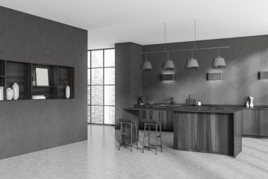 Barda sandalyeler, tezgah, yan görüş Singapur manzaralı panoramik pencere. Raflı, sanat dekorasyonlu, gri beton zeminli bir yer. 3B görüntüleme