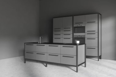 Ada dolabı ve rafları olan karanlık mutfak, yan görüş, gri beton zemin, lavabo ve fırın. Modern mobilyaları olan modern yemek köşesi, 3 boyutlu.