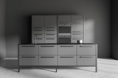 Ada dolabı ve gri beton zemin, lavabo ve fırında rafları olan karanlık bir mutfak. Modern mobilyalı lüks mutfak, 3 boyutlu tasarım.