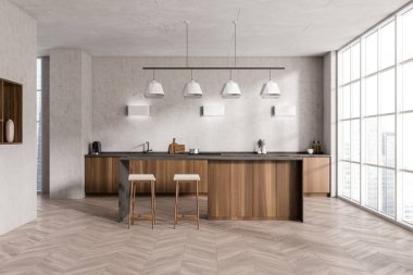 Şık bir mutfak, bar sandalyeleri ve ada manzaralı, Singapur şehir manzaralı panoramik pencereli. Ahşap zeminli yemek pişirme alanı. 3B görüntüleme