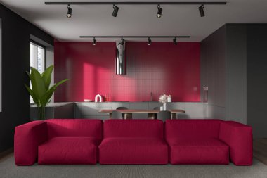 Karanlık stüdyo, dinlenme odası, kanepe ve sandalyeli yemek masası. Otel dairesinde açık uzay mutfağı, şehir manzarasında panoramik pencere. 3B görüntüleme