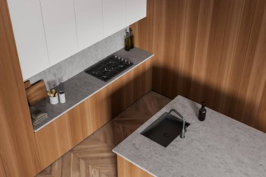 Adayı ve lavaboyu olan ahşap mutfak manzarası güverte, ahşap zemin. Modern mobilyaları olan şık yemek köşeleri, 3 boyutlu çizimler.