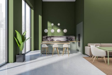 İçi tezgah ve koltuklarla dolu yeşil mutfak. Koltuğu ve koltuğu olan rahat bir yer. Singapur manzarasında mutfak aletleri ve panoramik pencere. 3B görüntüleme