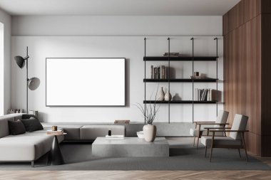 Beyaz oturma odasının içinde kanepe ve koltuklar, halıda kahve sehpası olan TV alanı. Kitaplı ve dekoratif raflar, ön manzara. Boş televizyon görüntüsünü taklit et. 3B görüntüleme