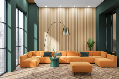 Portakal rengi kanepe, sehpa ve ahşap zemine puf. Şehir manzarası panoramik pencereli modern soğuk bölge. 3B görüntüleme