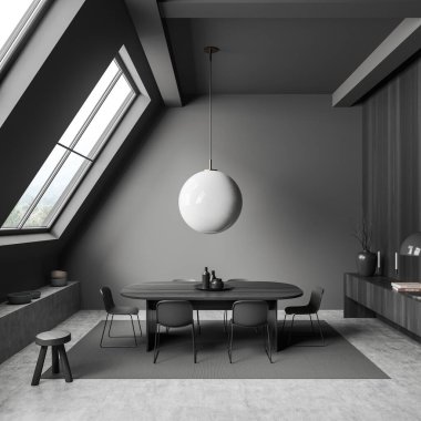 Karanlık tavan arası toplantı odası içinde sandalyeler ve halı üzerinde masa gri beton zeminde dekorasyonlu raf. Kırsal kesimde panoramik pencere. 3B görüntüleme