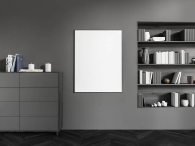 Gri büfeli, raflı, ön manzaralı, koyu ahşap döşemeli şık bir oturma odası. Posteri düzenle. 3B görüntüleme