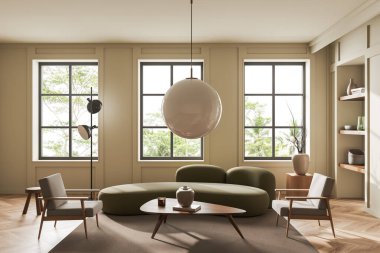 Kanepe ve koltuklu bej oturma odası, tropiklerde panoramik pencere. Kahve sehpası ve süslemeli raflı, ahşap döşemeli otel odası. 3B görüntüleme