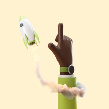 Afrika çizgi filmlerinde gökyüzünü gösteriyorlar, roket bej arka planda kalkıyor. İş projesi açılışı. Kariyer gelişimi ve gelecek planları kavramı. 3B görüntüleme