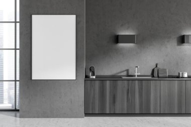 Mutfağın içinde lavabo ve raflar, güvertede mutfak gereçleri, gri beton zemin. Şehir manzarasında panoramik pencere. Model kopyalama alanı posteri, 3B oluşturma