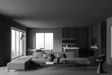 Stüdyonun içinde kanepe ve tezgahlı yemek masası kırsal kesimde panoramik pencere var. Mutfak aletleri ve soğuk zemini olan yemek pişirme alanı, gri beton zemin. 3B görüntüleme