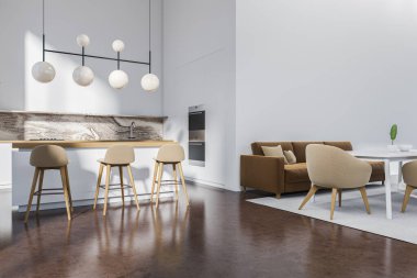 Tezgahı ve bar sandalyeleri olan beyaz bir stüdyo, yan görüş, koltuğu ve koltuğu olan rahat bir yer. Modern aletleri olan şık yemek köşeleri. 3B görüntüleme